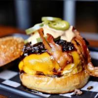 GH Chipotle Burger · Smoked Bacon, onion jam, pepper jack, pickled jalapeno, chipotle aioli, Brioche 
