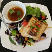 Grilled Salmon Salad · Grilled Salmon, mixed greens salad served with spicy peanut dressing.