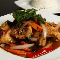 Basil Catfish · Lightly deep fried catfish fillets, stir fried with bell peppers, carrots, white onions, and...