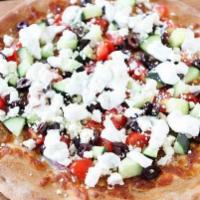 Greek Pizza · Sauce, Feta Cheese, Spinach, Tomato and Onions