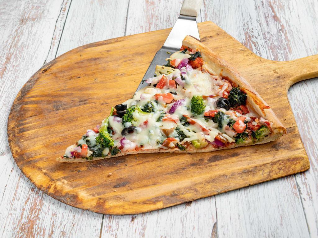 VEGETARIAN PIZZA · PEPPERS, ONIONS, MUSHROOM, SPINACH, BROCCOLI, BLACK OLIVE, AND TOMATO 