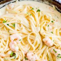 Fettucine Alfredo with Shrimp · SAUTEED SHRIMP, WITH PASTA FETTUCINE, CREAM AND PARMESAN CHEESE.
SERVED WITH BREAD