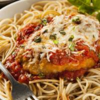 Chicken Cutlet Parmigiana Entrees · Breaded Chicken cutlet, Baked with Melted Mozzarella and tomato sauce.
Served with Garlic Br...
