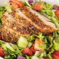 (SMALL) Garden Salad W/ CHICKEN · SREVED WITH EITHER CHICKEN CUTLET OR GRILL CHICKEN - Iceberg Lettuce,Tomato,Onions,Cucumber ...