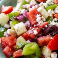 (Large) Greek Salad · ( no chicken) With Romaine Lettuce,Sweet Peppers, Red Onion, Black Olives & Feta Cheese, ser...