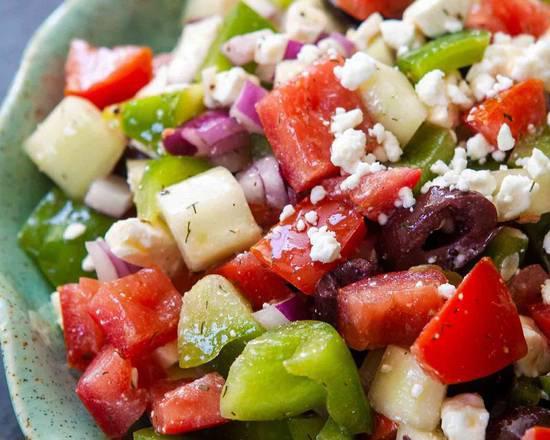 (Large) Greek Salad · ( no chicken) With Romaine Lettuce,Sweet Peppers, Red Onion, Black Olives & Feta Cheese, served with Two dressing.