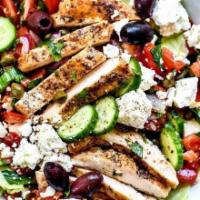 (small) Greek Salad w/ Chicken  · served with either chicken cutlet or grill chicken-With Romaine Lettuce,Sweet Peppers, Red O...