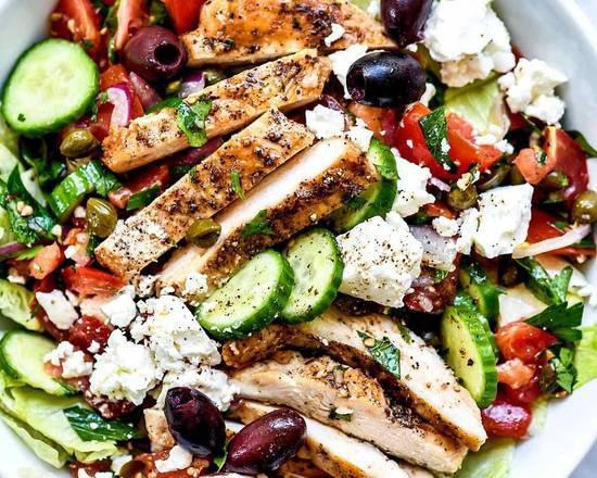 (small) Greek Salad w/ Chicken  · served with either chicken cutlet or grill chicken-With Romaine Lettuce,Sweet Peppers, Red Onion, Black Olives & Feta Cheese, served with one dressing.
