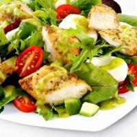 GREEK SALAD WITH GRILLED CHICKEN  · COMES W/ GRILLED CHICKEN, TOMATOES, CUCUMBER,ONION, GREEN LIVES & FETA CHEESE & W/ CREAMY IT...