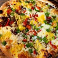 PHILLY STEAK PIZZA · COMES W/GROUND MEATS, PEPPERS, ONIONS & GRANDE BRAND AUTHENTIC  ITALIAN MOZZARELLA CHEESE.