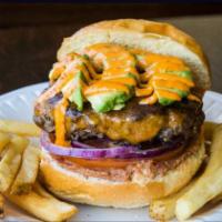 Anatolian Fire Burger · 1/2 lb. beef patty with spicy bean dip, tomato, onion, avocados, and chipotle mayo