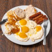 #6 Country Breakfast · ½ order biscuits and gravy, 2 eggs, hashbrowns and choice of bacon, ham, sausage or sausage ...