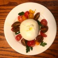 Burrata with Tomato · Creamy mozzarrella, cherry tomato & EVOO					
