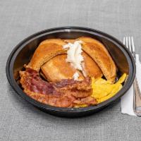 B11. Pancakes Breakfast Platter · Served with bacon or sausage and egg.