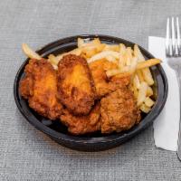 6pcs. Wings W/ fries  · Cooked wing of a chicken coated in sauce or seasoning. Fried potatoes.