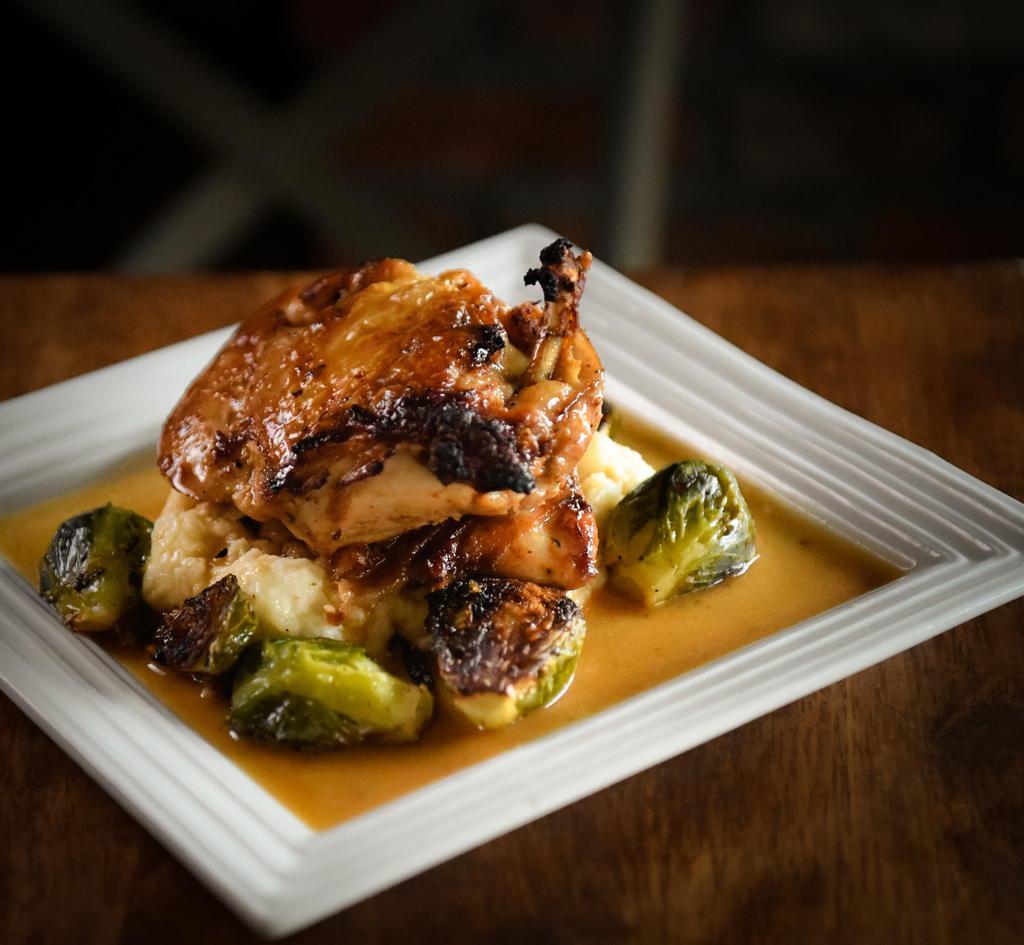 Organic Chicken  · 1/2 chicken, whipped potato, sautted brussel sprouts, au jus.