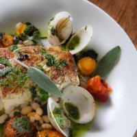 Mahi Mahi · Pan seared mahi mahi, baked clams, roasted tomato navy white beans, basil sauce.