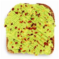Avocado Smash Toast · Ingredients:  Sprouted grain toast, avocado, lemon, red pepper flakes, & pink himalayan sea ...