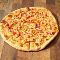 Buffalo Chicken Pizza · Red hot sauce, ranch dressing, red hot smothered chicken, green peppers, red bell peppers an...