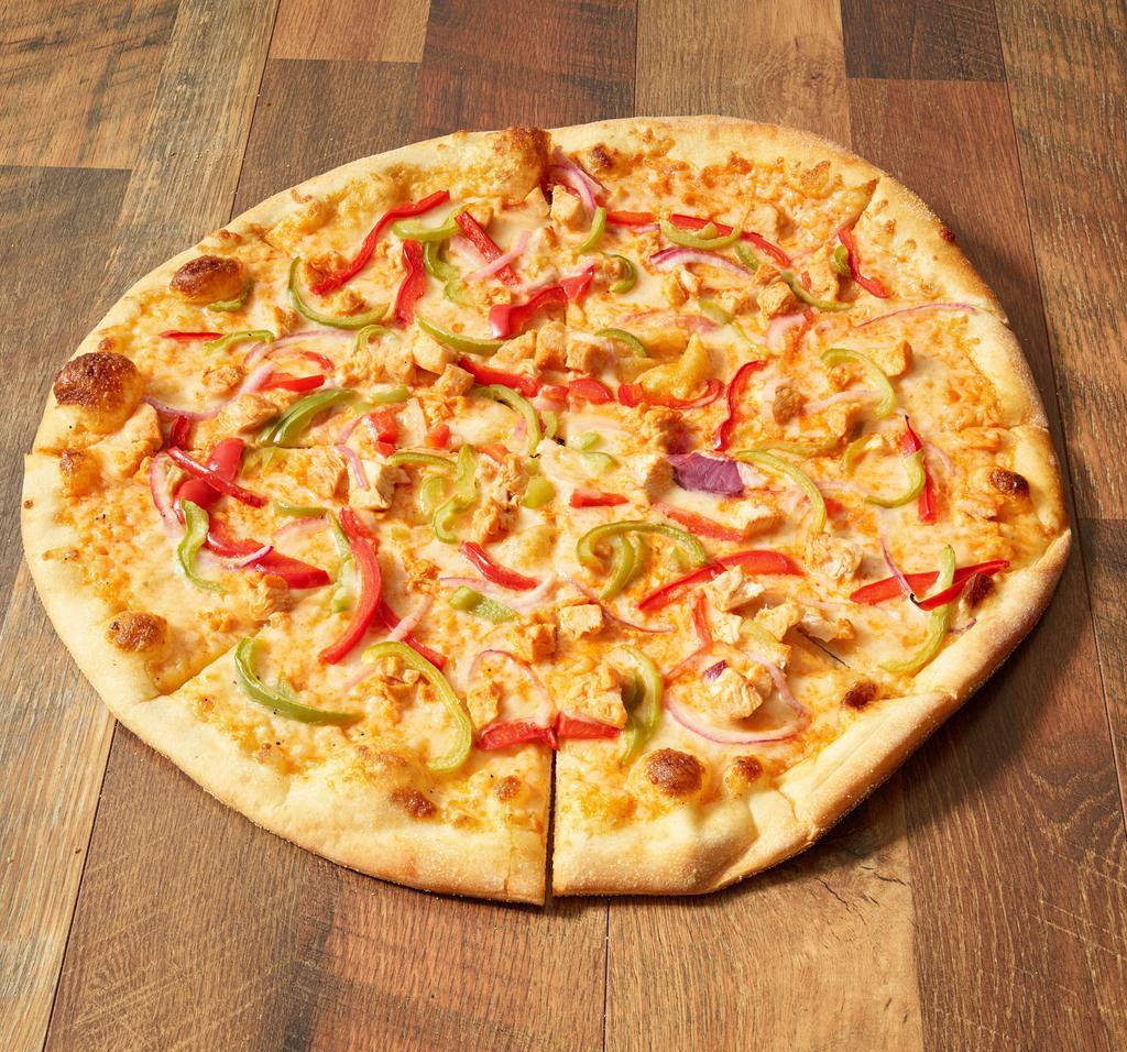 Buffalo Chicken Pizza · Red hot sauce, ranch dressing, red hot smothered chicken, green peppers, red bell peppers and onions.