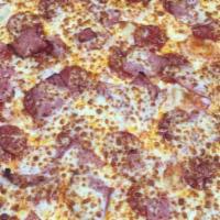 Meat Zone Pizza · Pepperoni, salami, sausage, and Canadian bacon.