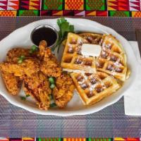 Chicken and Waffles · A southern American popular dish. Comes with buttermilk chicken, belgian waffles, syrup and ...