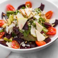Beet Salad · Fresh beets, mix greens, pine nuts, green apple and shaved Parmesan cheese.