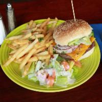 1/2 lb. Cheeseburger · Served with french fries or salad. Served on a roll with lettuce and tomato.