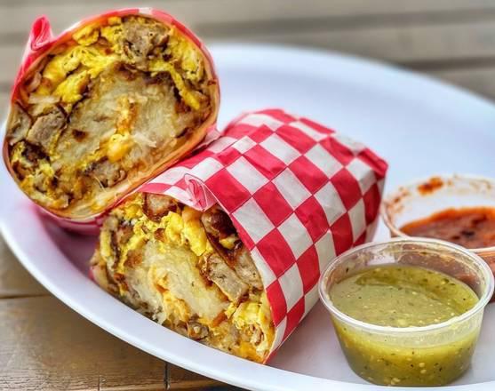 Sausage Breakfast Burrito · Includes Scrambled Eggs, Sausage, Hashbrown, Cheese & side of Salsa. Comment for adjustments!