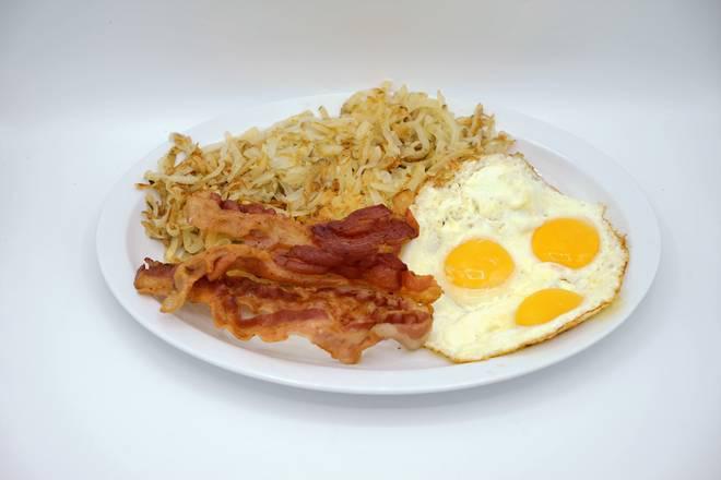 Bacon & Eggs · 4 strips of bacon, 3 eggs, hashbrown, and toast