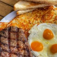 Steak & Eggs · 7oz steak, 3 eggs, hashbrown, and toast