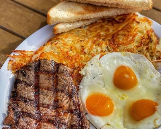 Steak & Eggs · 7oz steak, 3 eggs, hashbrown, and toast