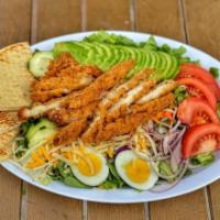 Crispy Chicken Salad · This Salad is with Green Leaf Lettuce, Tomatoes, Cucumber, Red Onions, Cheese, Hard boiled E...