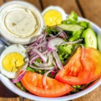 Small Mixed Green Salad · Choice of small or large. Topped with onions, tomatoes, cucumbers & a hard boiled egg. 