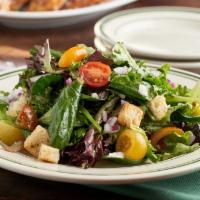 Frashers House Salad · Mixed greens, red onion, tomatoes, provel cheese, herb garlic croutons, and rice vinaigrette.