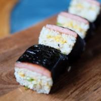 SPAM MUSUBI · Spam, Tomago, and Avocado wrapped in Nori with Furikake rice and green onion flavored with u...