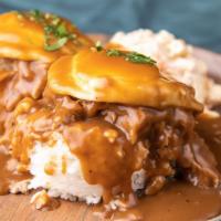 KALUA PORK LOCO MOCO · Loco moco is a dish featured in contemporary Hawaiian cuisine. Served with a side of white r...