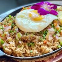 SISIG FRIED RICE · Ground pork and chicken sisig fried rice, mixed with minced red Bell peppers, onion and jala...