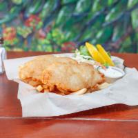 Fish and Chips · Golden-fried beer-battered cod served with coleslaw and tartar sauce.  With Choice of side.