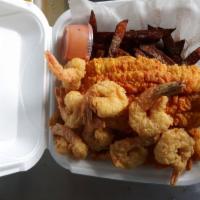 13. Fish and Shrimp · 2 pieces fish and 6 shrimp. Served with fries and coleslaw. (choice of Whiting or Tilapia)