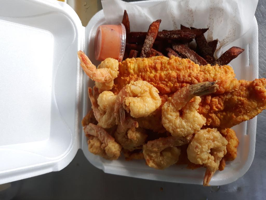 13. Fish and Shrimp · 2 pieces fish and 6 shrimp. Served with fries and coleslaw. (choice of Whiting or Tilapia)