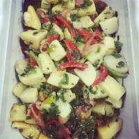 7. Potato Salad · Potatoes, onions, parsley, red bell peppers, lemon juice and virgin olive oil. Served with w...