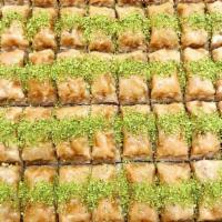 40. Two Pieces Pistachio Baklava · Layered filo dough with pistachios in light syrup.