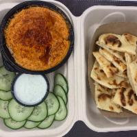 Hummus snack · Housemade hummus. naan. tzatziki. sliced cucumbers