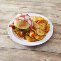 THE DINER  · Two 1/4 LB beef patties flat & crispy, cheddar, American, bacon, garlic aioli, pickle. Serve...