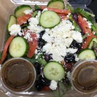 Greek Salad · Mixed greens, tomatoes, red onions, green peppers, Kalamata olives, feta cheese and balsamic...