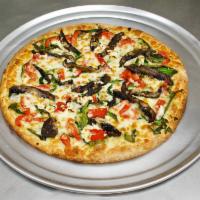 Portabella Mushrooms Pizza · Garlic herb sauce, mozzarella cheese, portabella mushrooms, roasted red peppers, baby spinac...