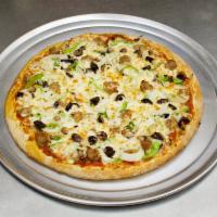 Supremo Pizza · Tomato sauce, mozzarella cheese, fresh mushrooms, pepperoni, green peppers, caramelized onio...