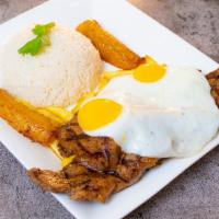 BISTEC A LO POBRE · 8oz Grilled steak served with white rice, sweet plantain, french fries and 2 fried eggs