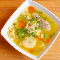 SOPA DE POLLO · Peruvian Chicken soup with noodles and minced vegetables